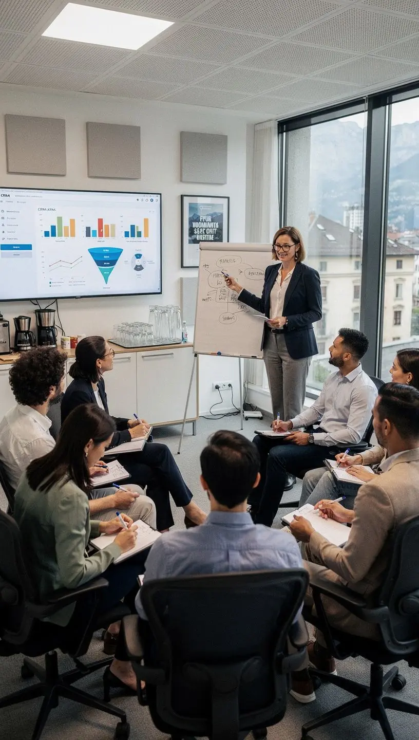 Bild eines Teams, das an einem Tisch sitzt und CRM-Daten analysiert.